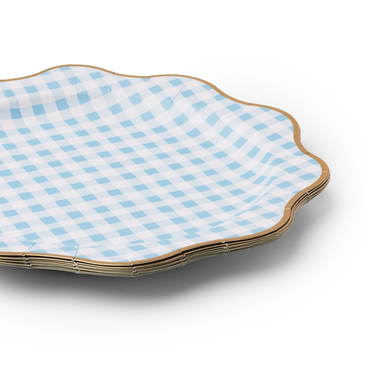 Sky Blue Gingham Dinner Plates, Gold Foil (Set of 8)