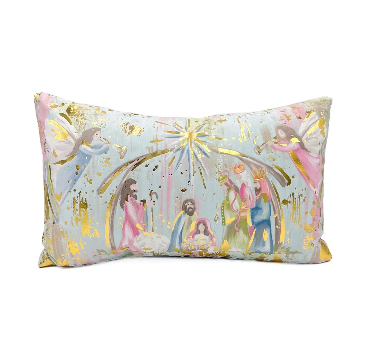 Gold Foil Pastel Nativity Pillow: Polyester