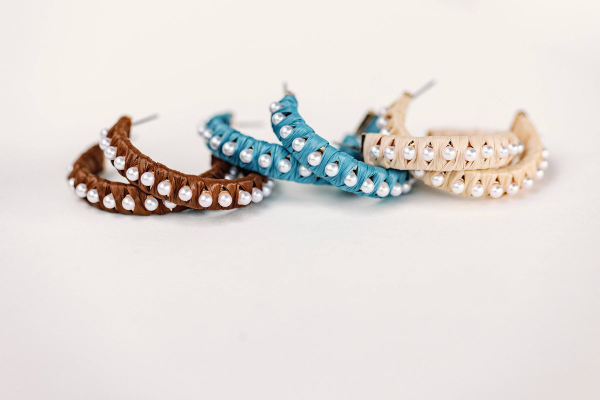 Natural Studded Pearl Raffia Statement Hoop Earrings