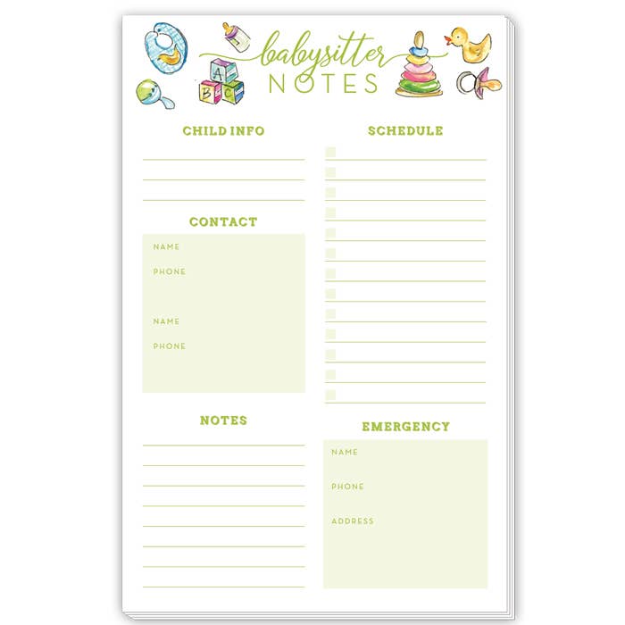 Babysitter Notes Green Handpainted Baby Icons Large Notepad