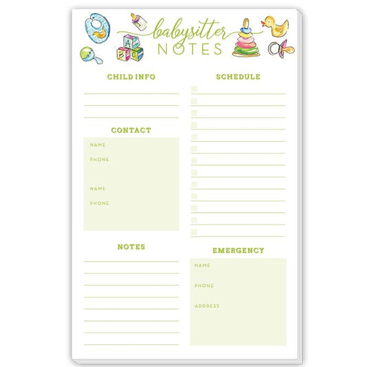 Babysitter Notes Green Handpainted Baby Icons Large Notepad