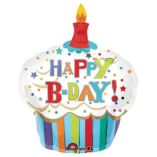 36 inch HAPPY BIRTHDAY STRIPED CUPCAKE - Packaged