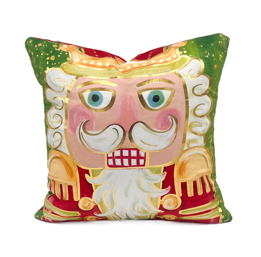 Gold Foil Mr. Nutcracker Red and Green Pillow: Polyester WITH Poms