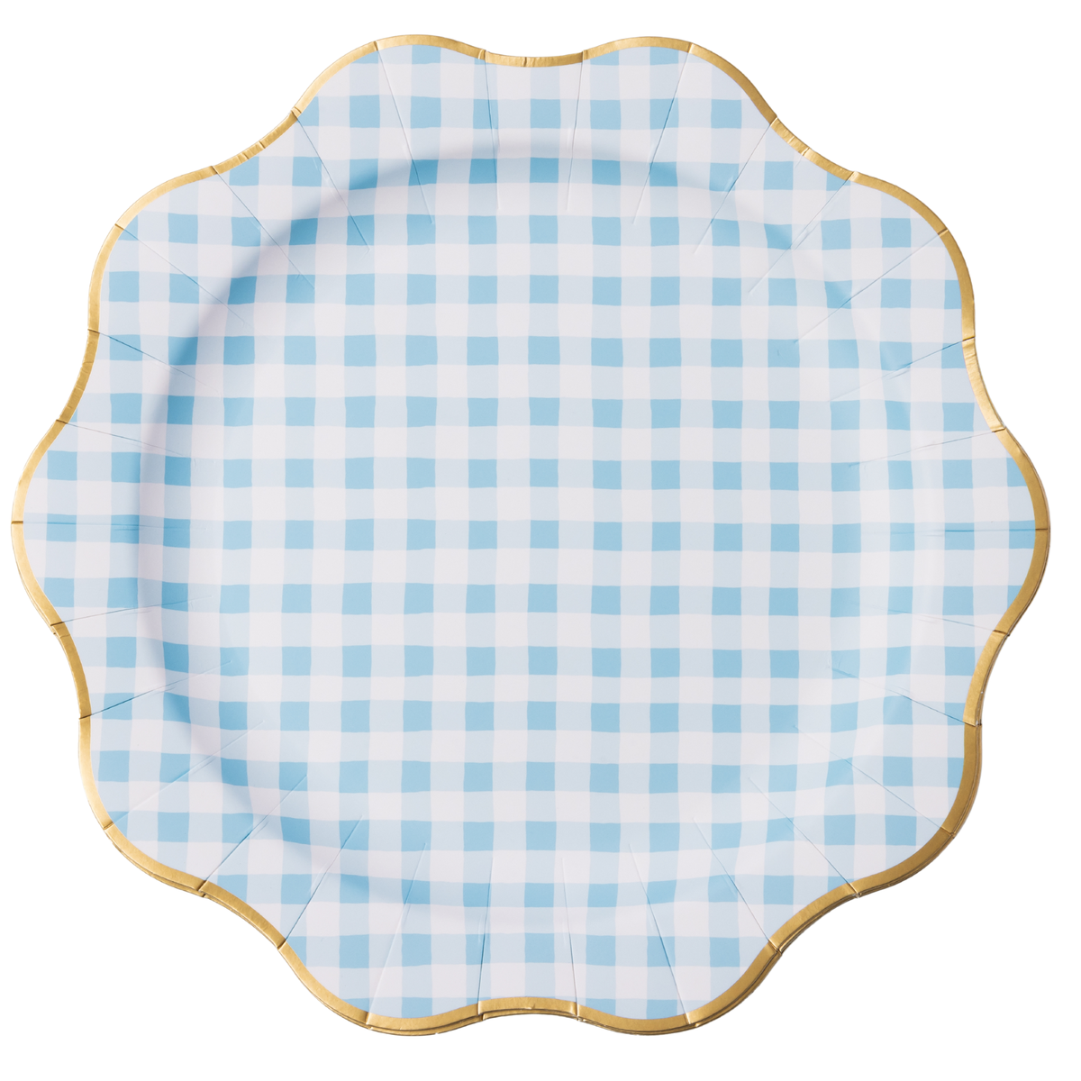 Sky Blue Gingham Dinner Plates, Gold Foil (Set of 8)