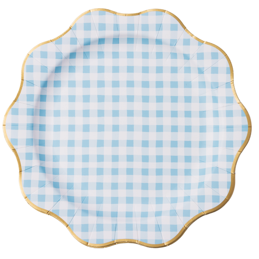 Sky Blue Gingham Dinner Plates, Gold Foil (Set of 8)