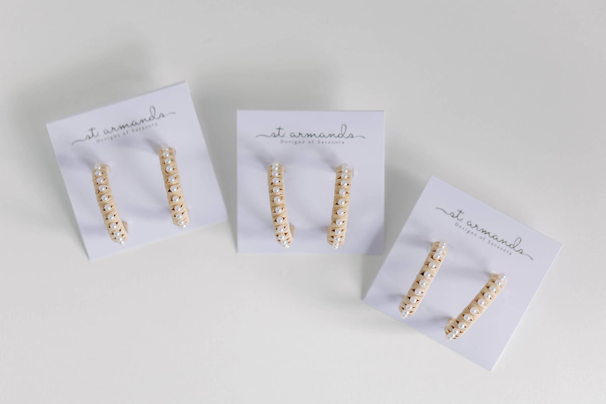 Natural Studded Pearl Raffia Statement Hoop Earrings